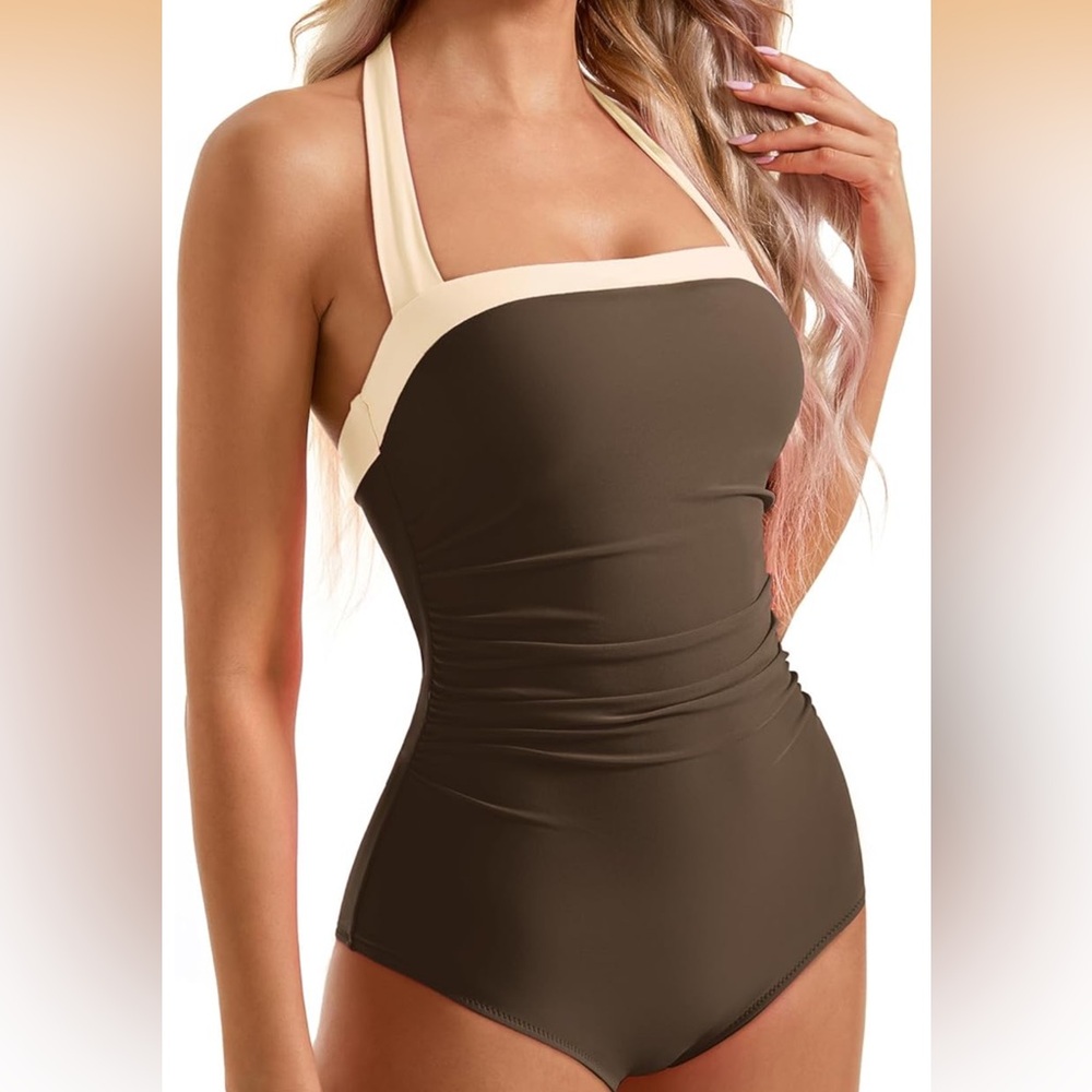 Women's Two-Tone Brown & Cream One-Piece Swimsuit